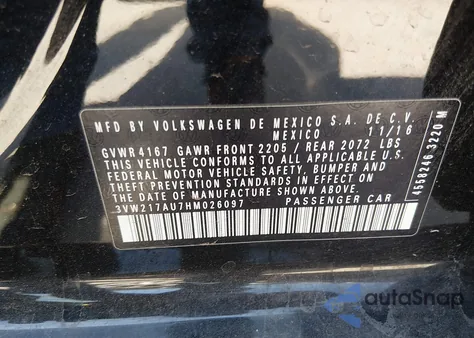 2017 Volkswagen Golf Tsi S 4-Door/Tsi Se 4-Door/Tsi Sel 4-Door/Tsi Wolfsburg Edition 4-Door from USA, damaged, VIN 3VW217AU7HM026097